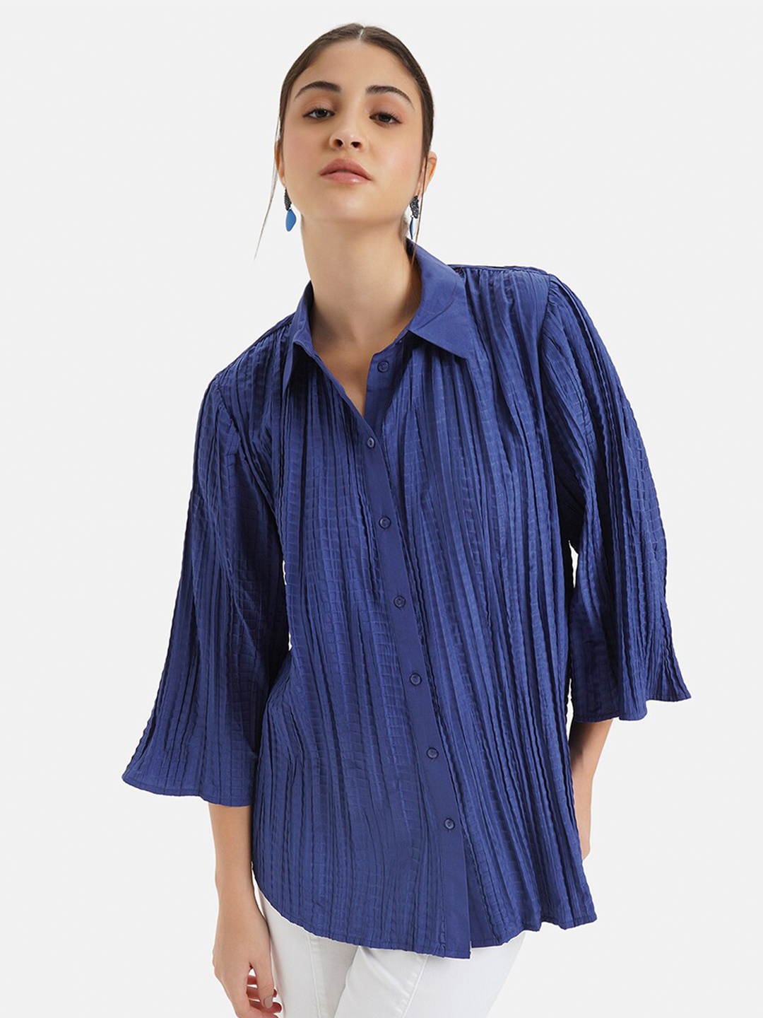 

Kazo Crushed Flared Sleeves Casual Shirt, Navy blue