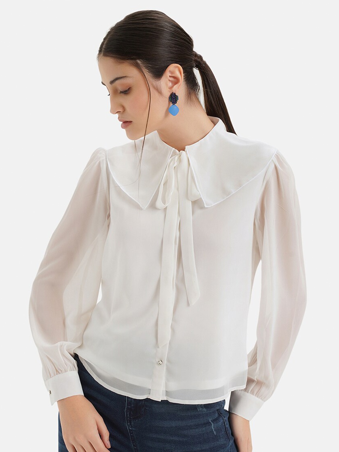 

Kazo Relaxed Tie Up Neck Casual Shirt, White