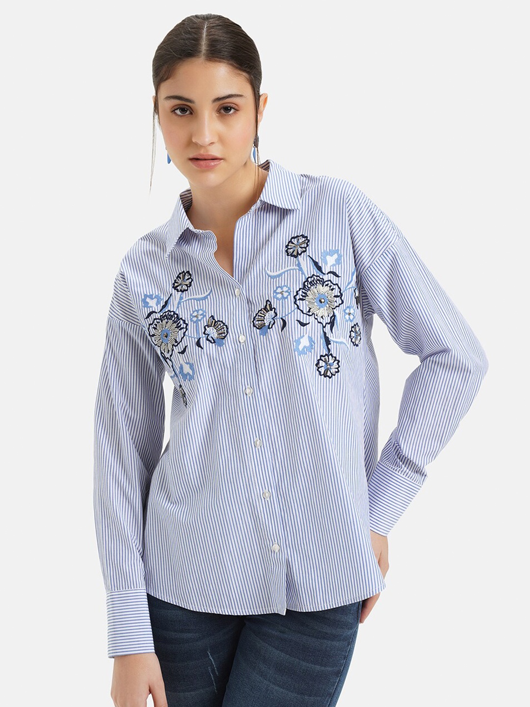 

Kazo Relaxed Vertical Striped Spread Collar Shirt, Blue