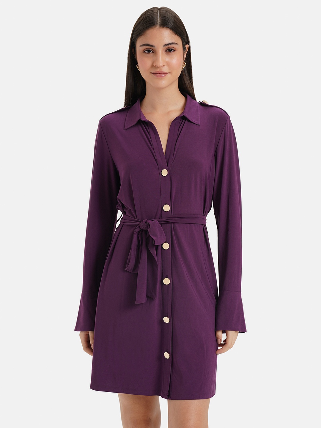 

Kazo Shirt Collar Tie Up Shirt Dress, Purple