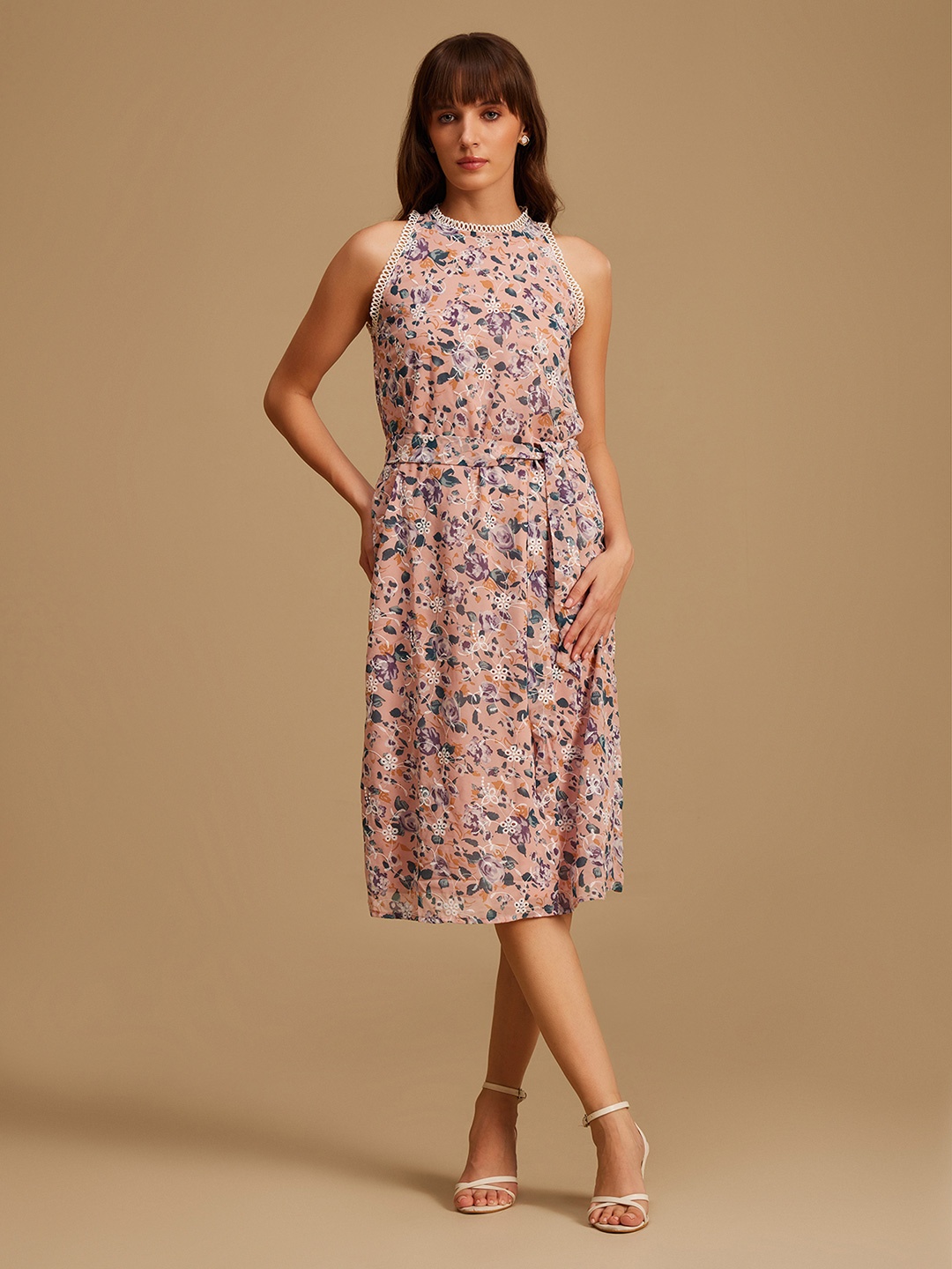 

Kazo Floral Printed Halter Neck Embroidered & Tie Up Fit & Flare Dress, Peach