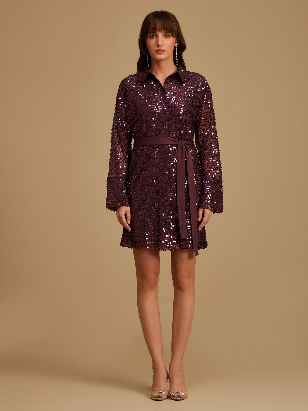 

Kazo Shirt Collar Print Shirt Dress, Maroon