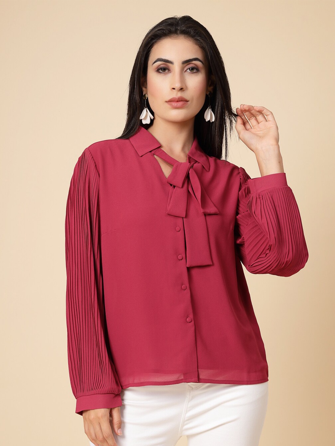 

Gipsy Tie Up Neck Shirt Style Top, Magenta