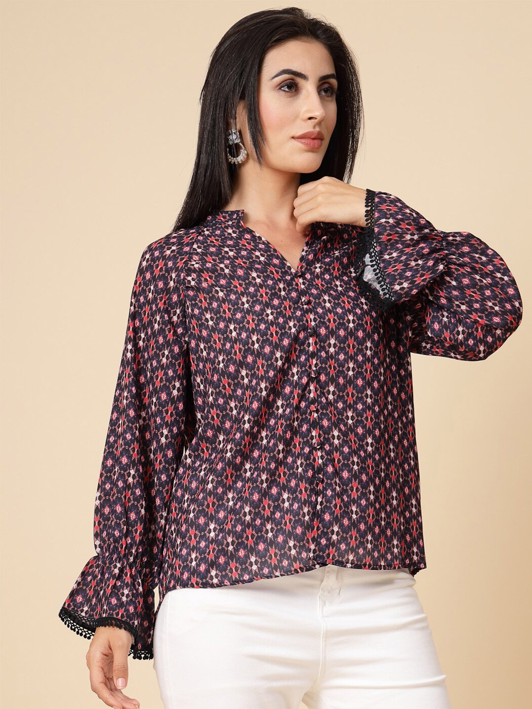 

Gipsy Geometric Printed Mandarin Collar Bell Sleeves Top, Navy blue