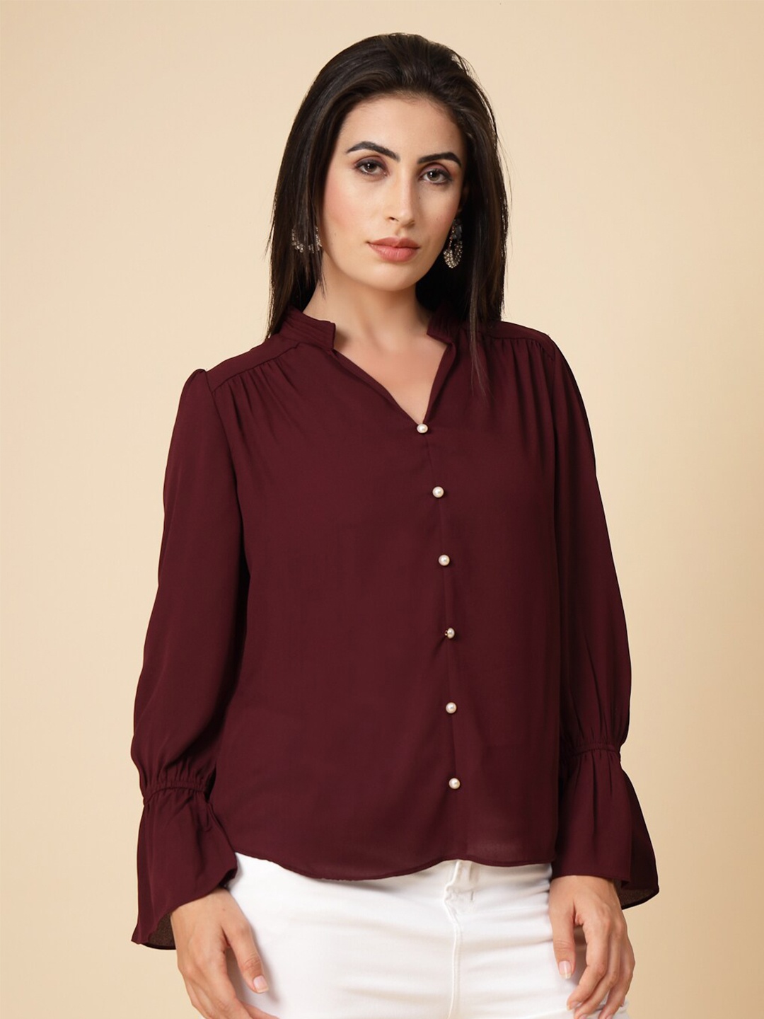 

Gipsy Mandarin Collar Bell Sleeves Top, Burgundy