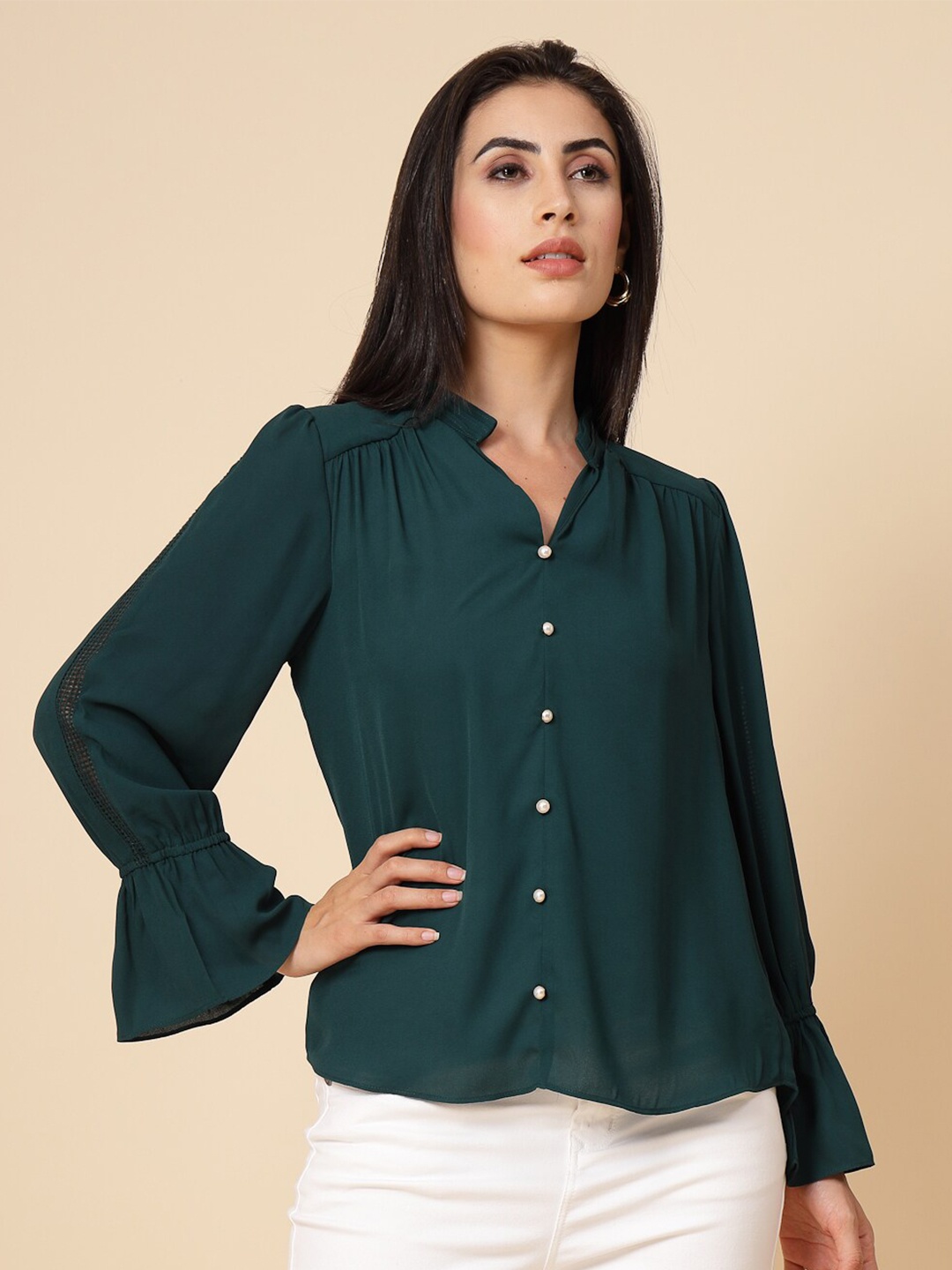 

Gipsy Mandarin Collar Bell Sleeves Top, Green