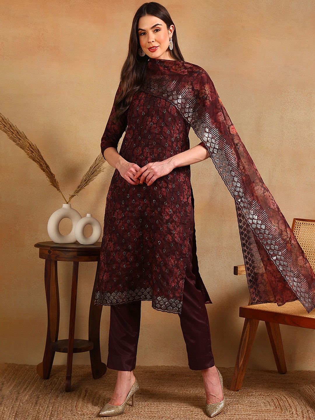 

AHIKA Ethnic Motifs Printed Regular Sequinned Kurta With Trousers & With Dupatta, Brown