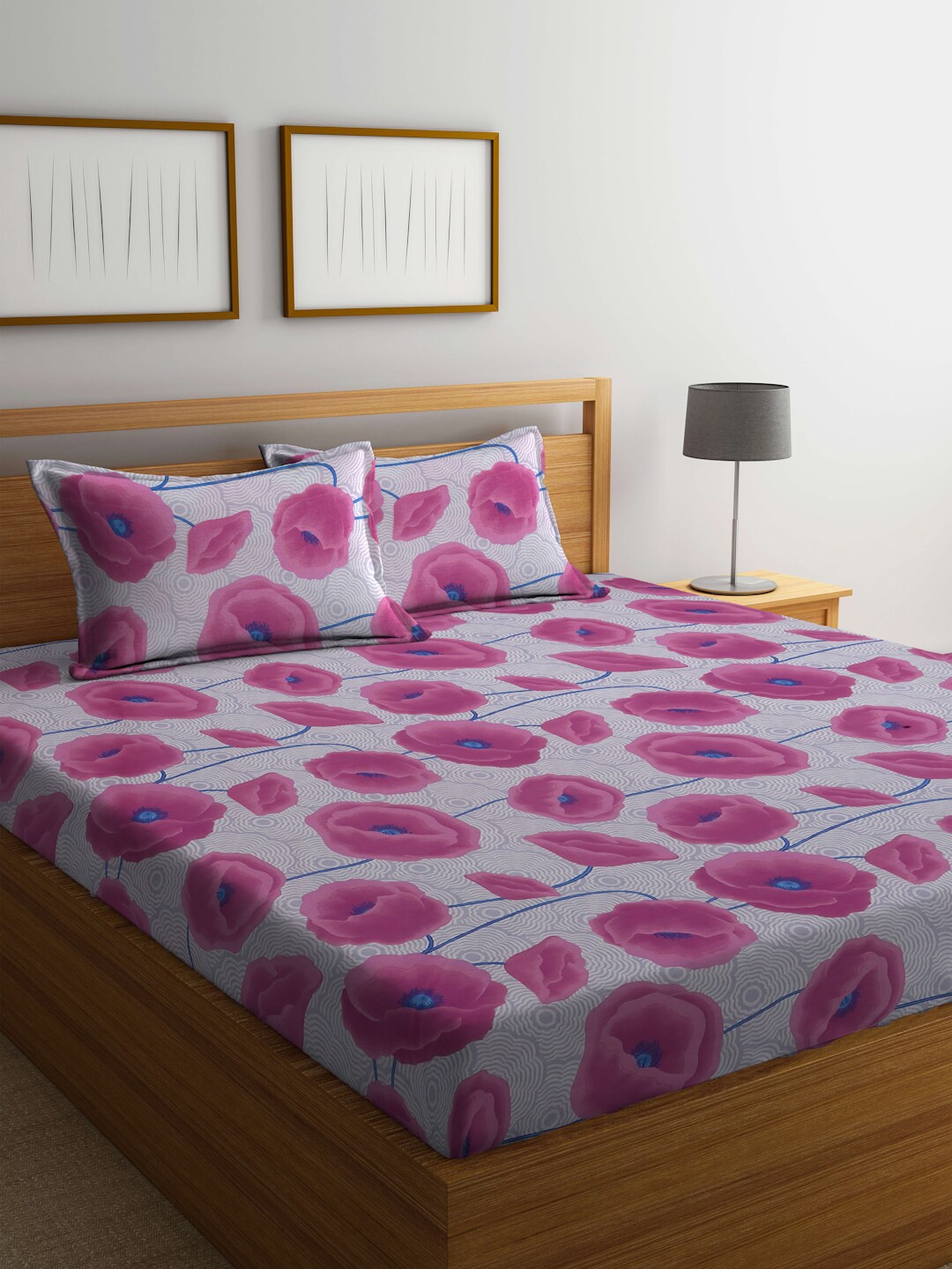 

BOMBAY DYEING Pink & Grey Floral Cotton 144 TC Queen Bedsheet With 2 Pillow Covers