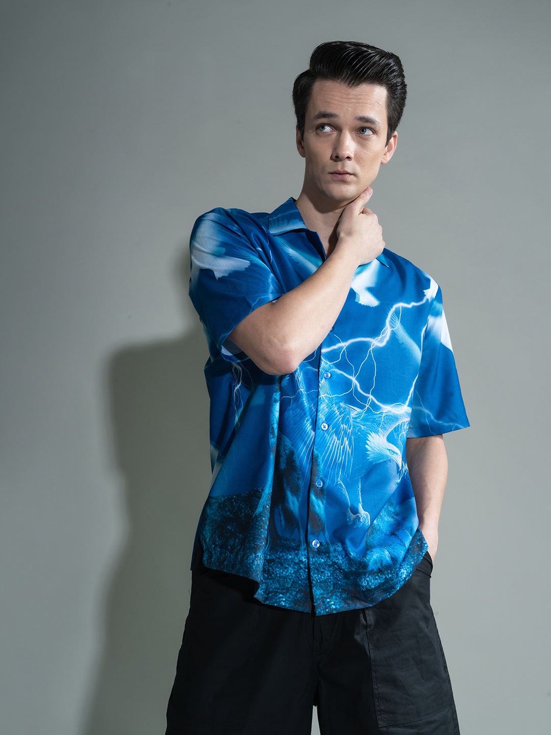 

UNRL Opaque Printed Short Sleeves Casual Shirt, Blue