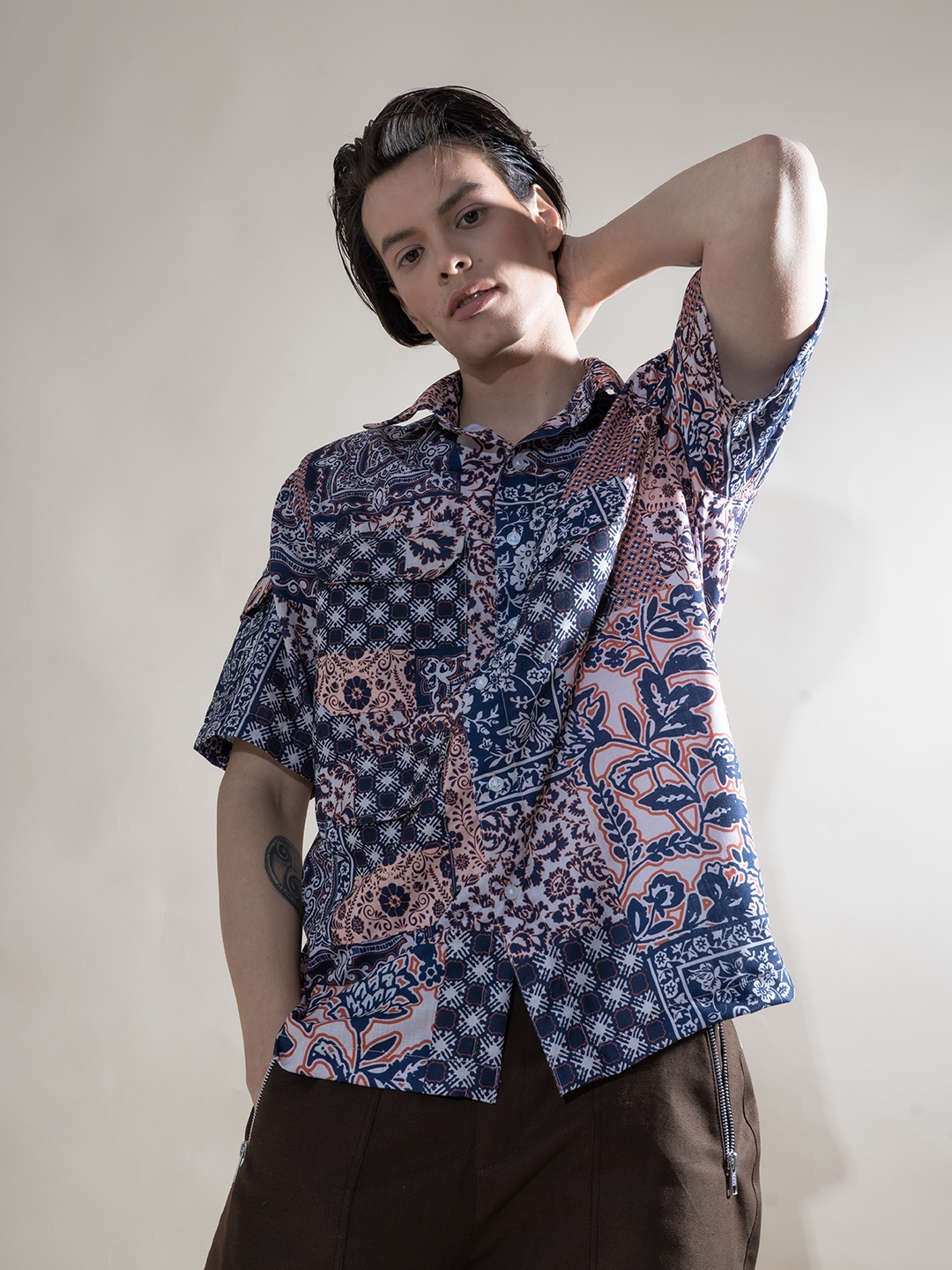 

UNRL Ethnic Motifs Printed Casual Shirt, Navy blue