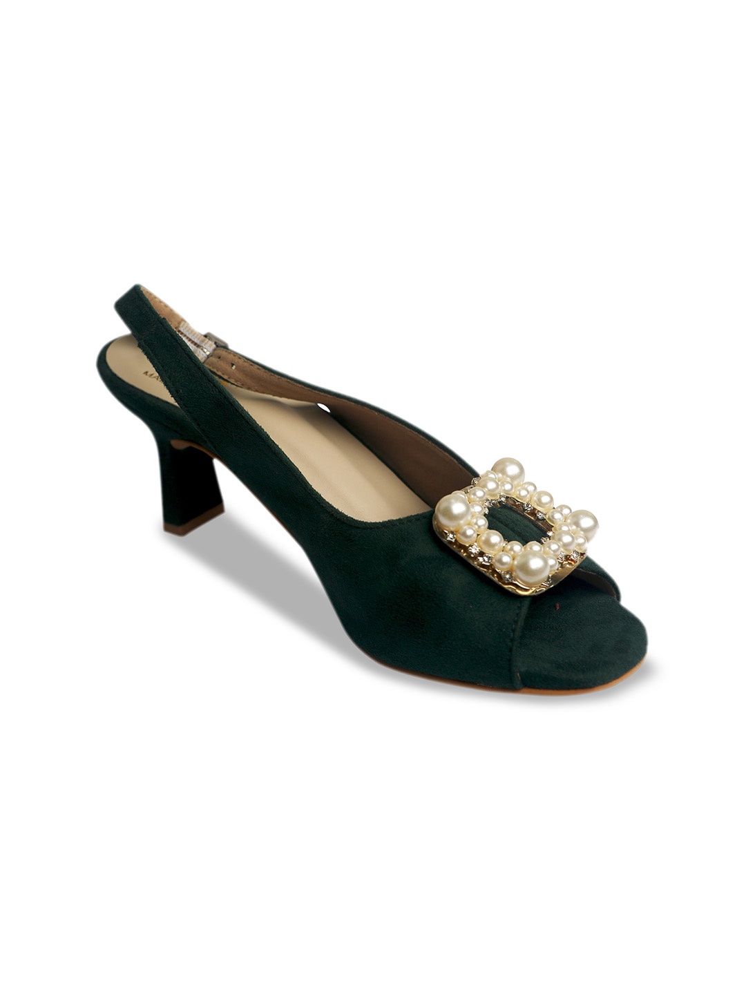 

Bowtoes Embellished Open Toe Suede Kitten Heels, Green