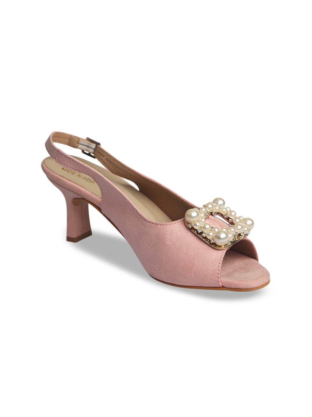 

Bowtoes Embellished Suede Slim Peep Toes With Buckle Closure, Pink