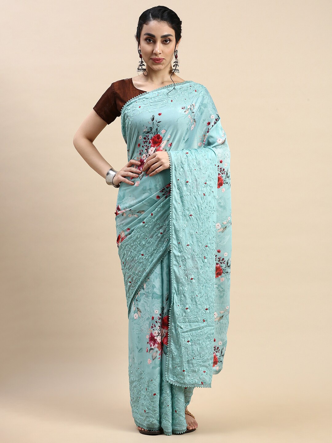

Rishika Floral Printed Embroidered Chanderi Saree, Green
