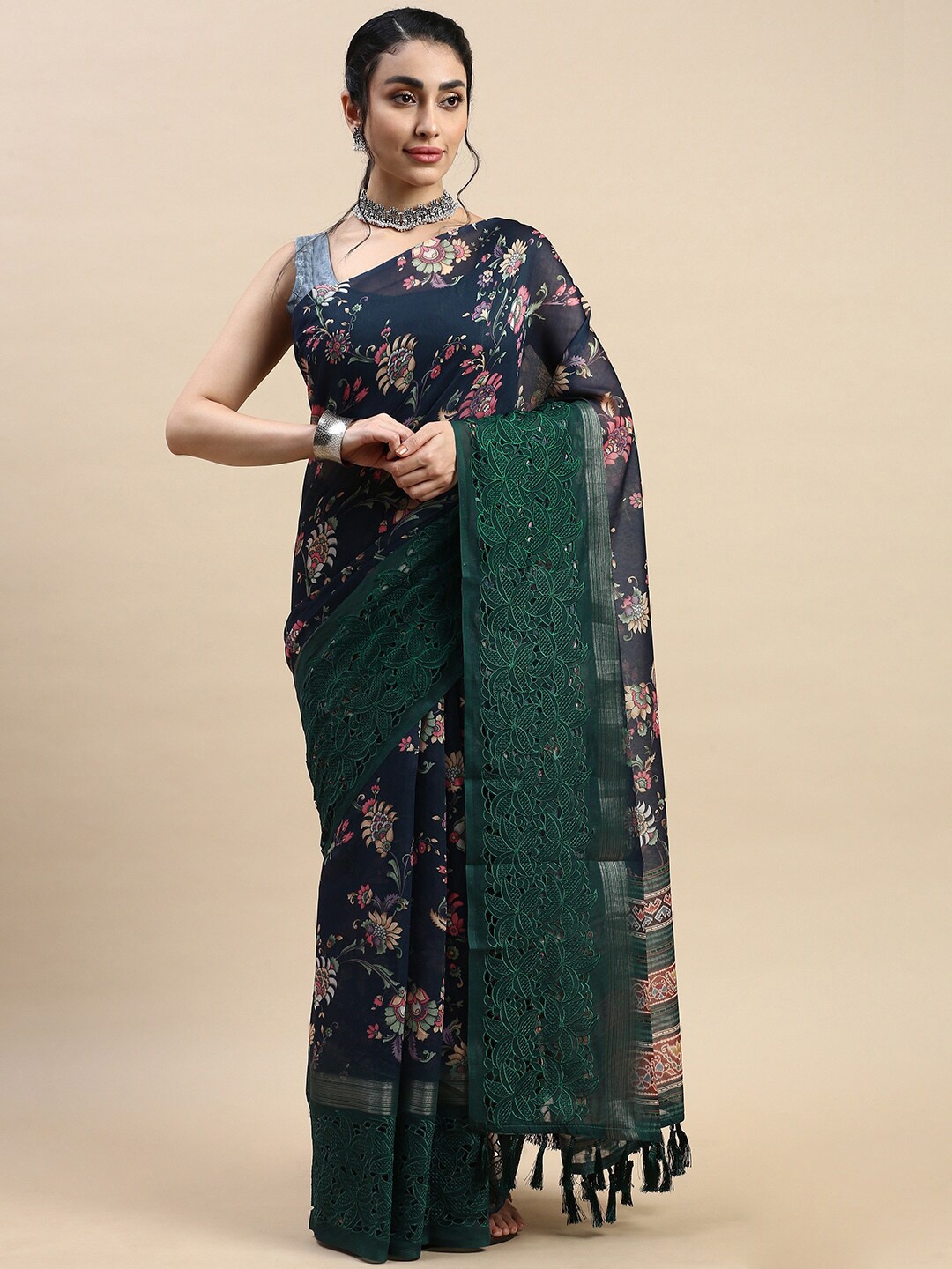 

Rishika Floral Printed Pure Silk Chanderi Saree, Blue