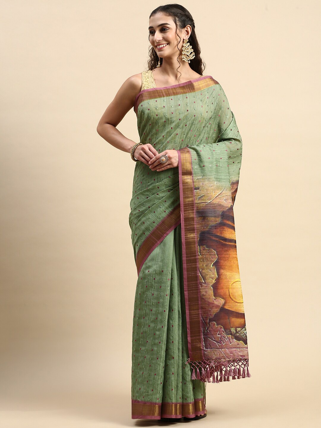 

Rishika Floral Zari Silk Blend Chanderi Saree, Green