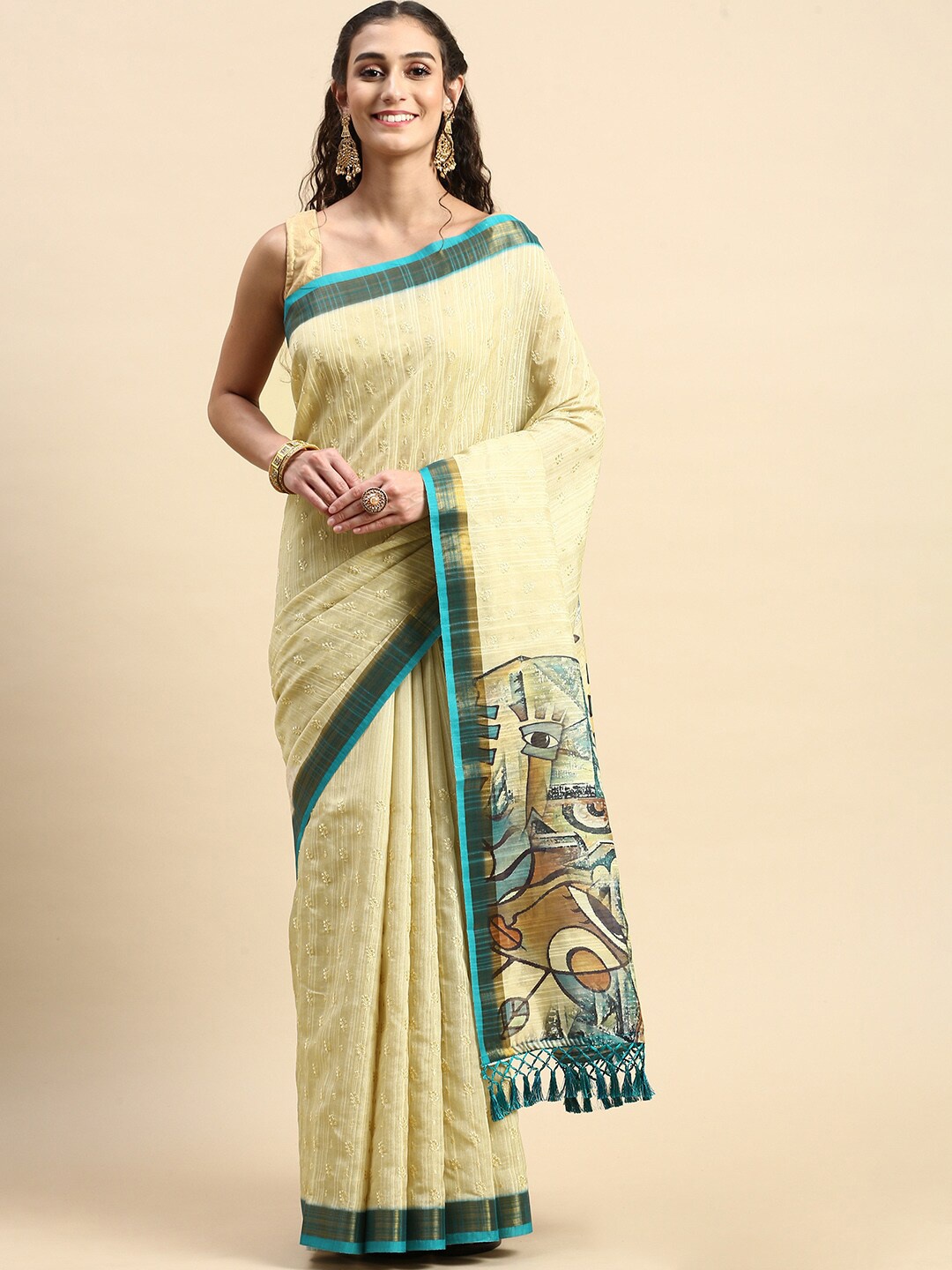 

Rishika Ethnic Motifs Embroidered Zari Chanderi Saree, Beige
