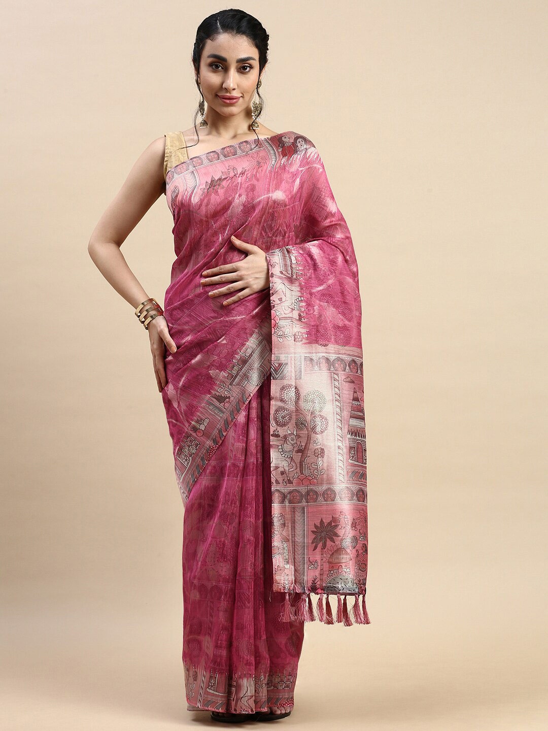 

Rishika Floral Print Linen Blend Chanderi Saree, Pink