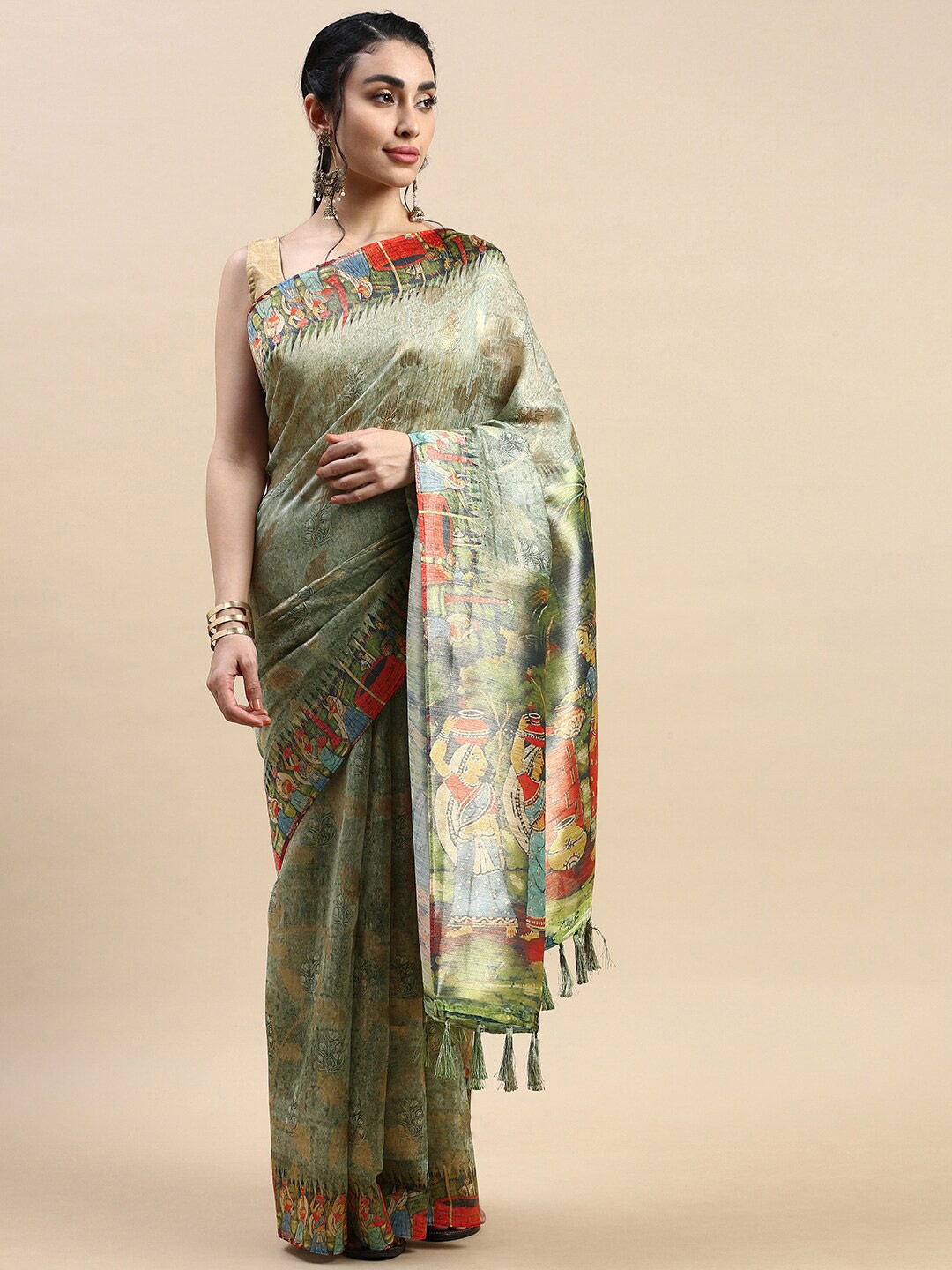 

Rishika Ethnic Motifs Printed Chanderi Saree, Green