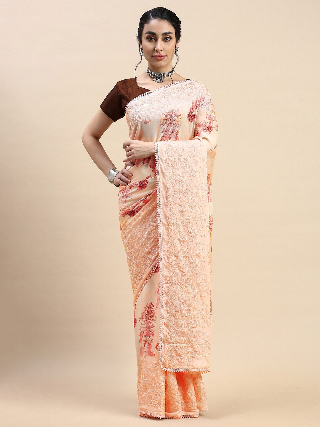 

Rishika Floral Printed Embroidered Chanderi Saree, Orange