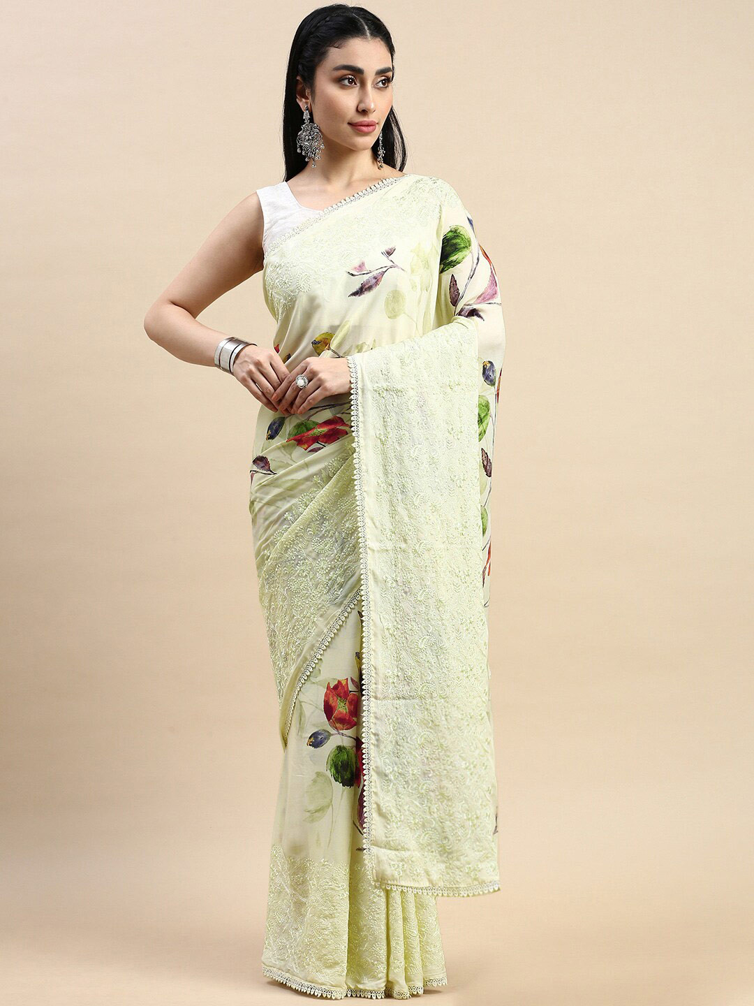 

Rishika Floral Printed Embroidered Chanderi Saree, Yellow
