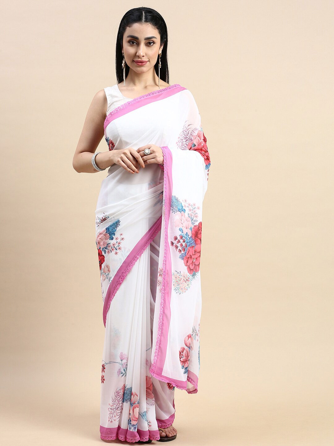 

Rishika Floral Printed Chanderi Saree, White