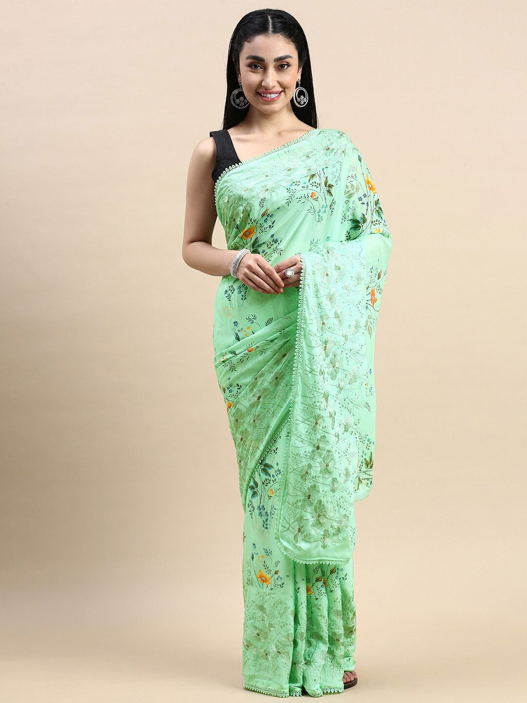 

Rishika Floral Printed Embroidered Chanderi Saree, Green