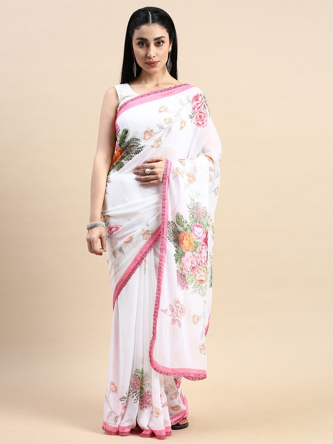 

Rishika Floral Printed Chanderi Saree, White