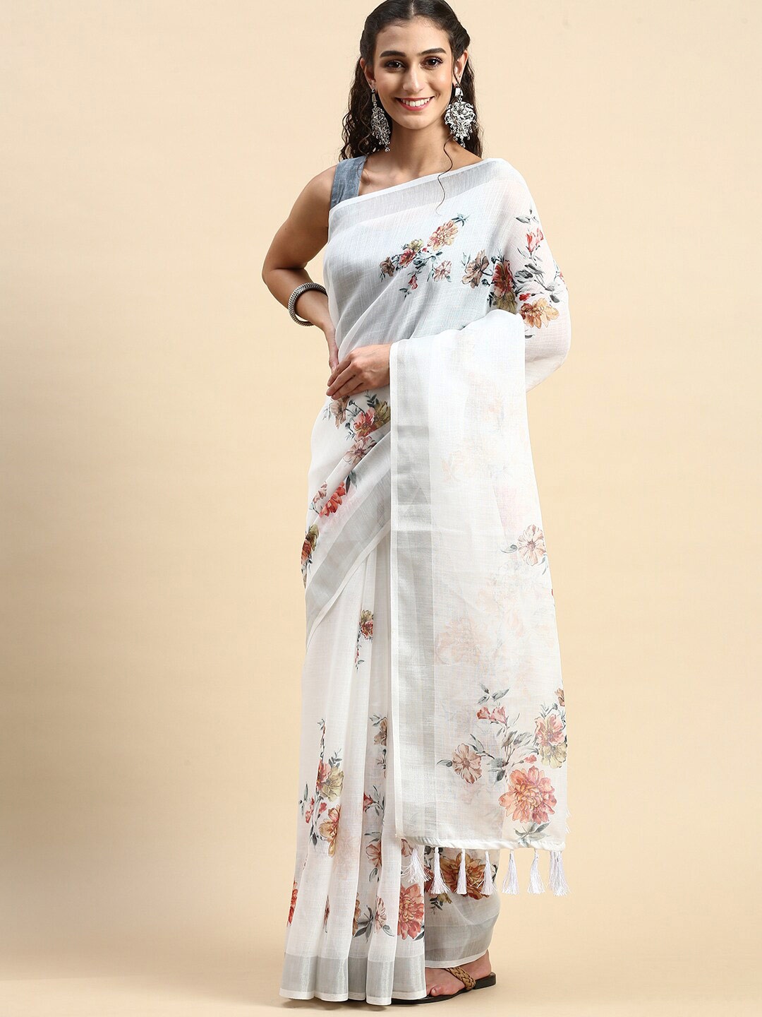 

Rishika Floral Printed Chanderi Saree, White
