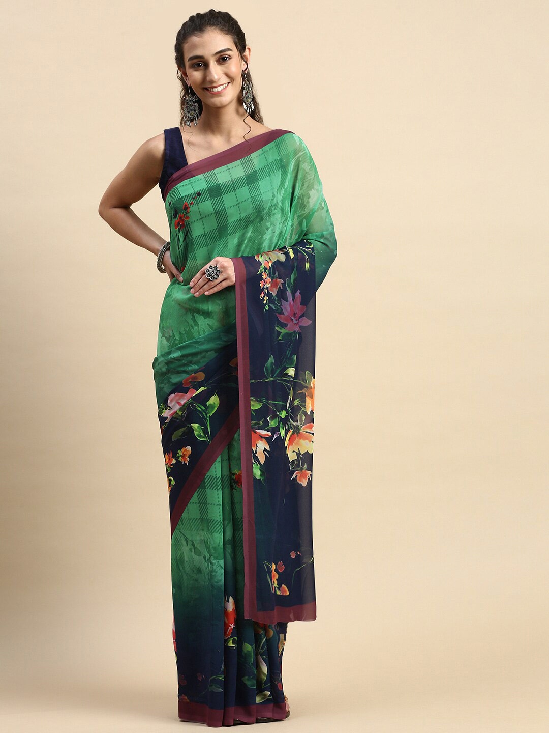 

Rishika Floral Print Poly Georgette Chanderi Saree, Green