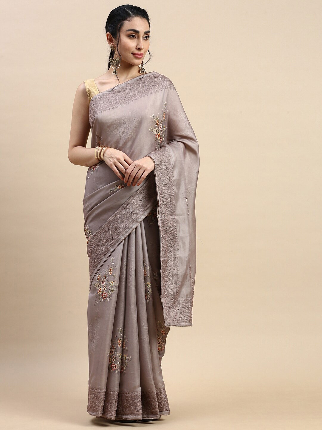 

Rishika Floral Printed Embroidered Chanderi Saree, Brown