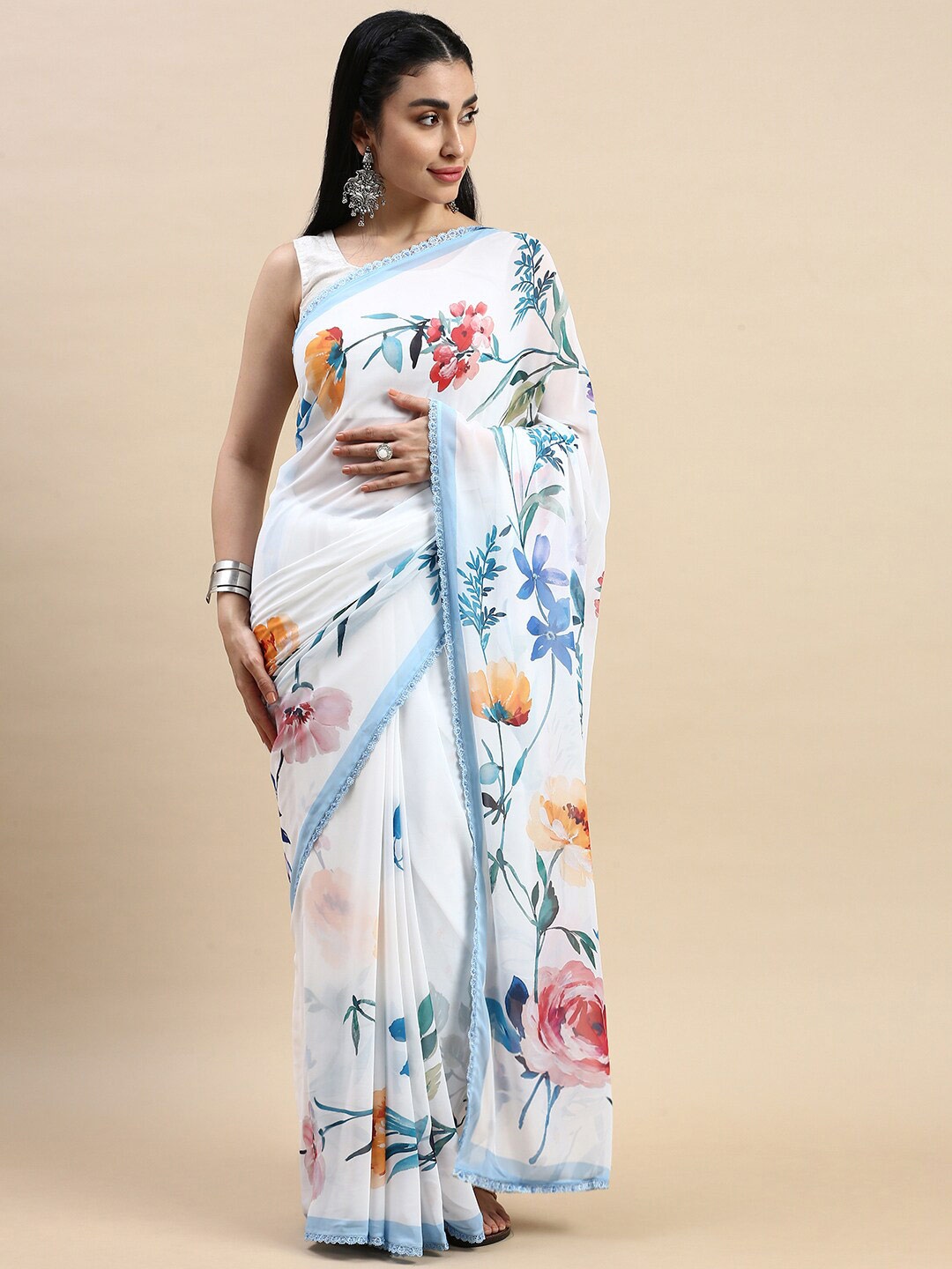 

Rishika Floral Printed Chanderi Saree, White