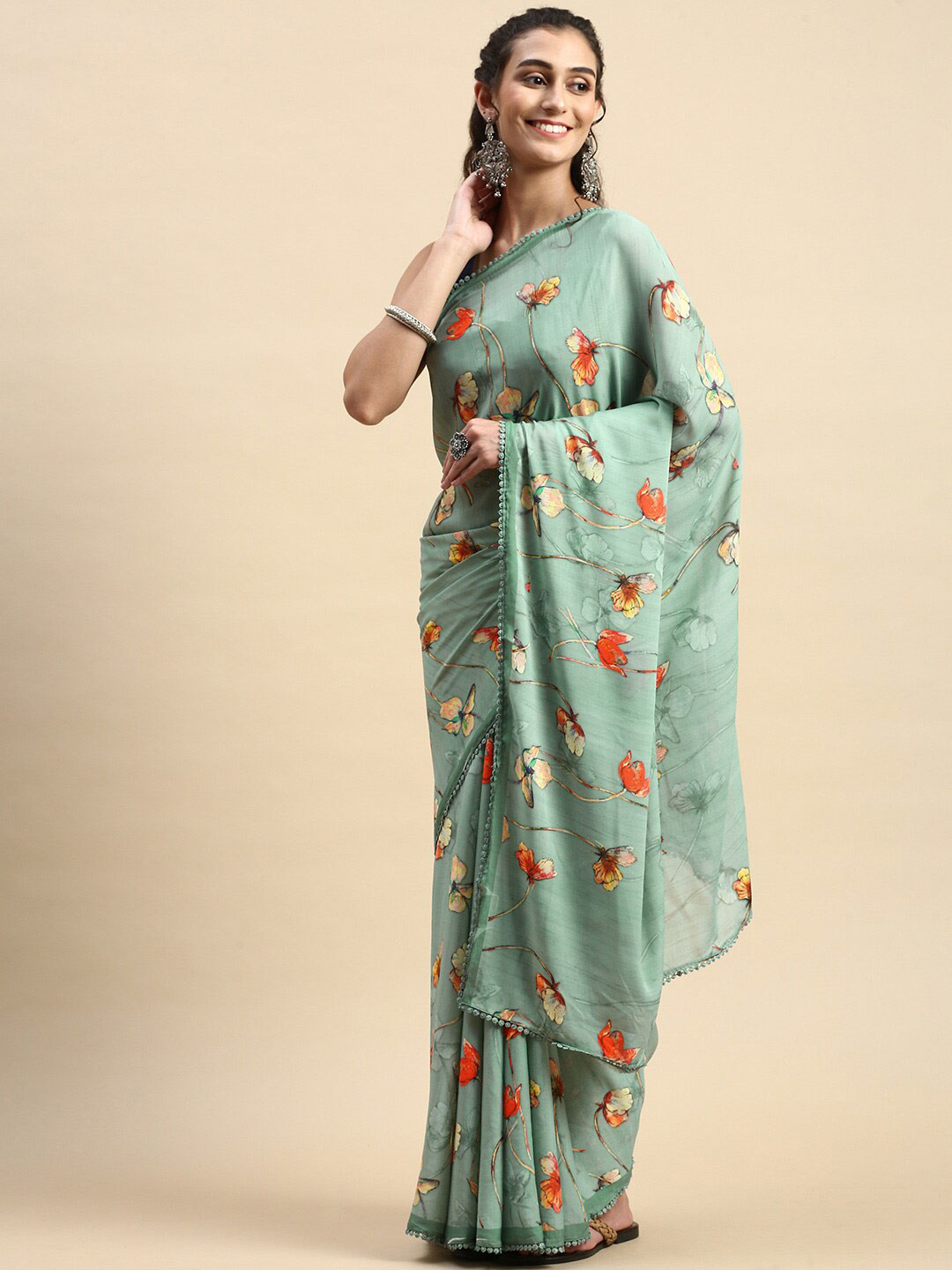

Rishika Floral Printed Chanderi Saree, Green