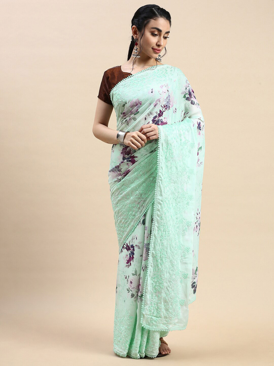 

Rishika Floral Printed Chanderi Saree, Green