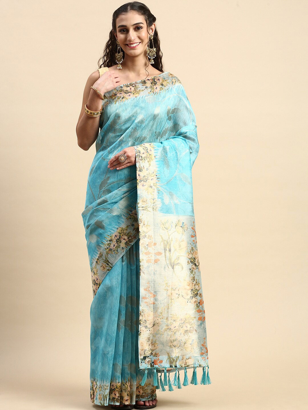 

Rishika Floral Linen Blend Chanderi Saree, Blue