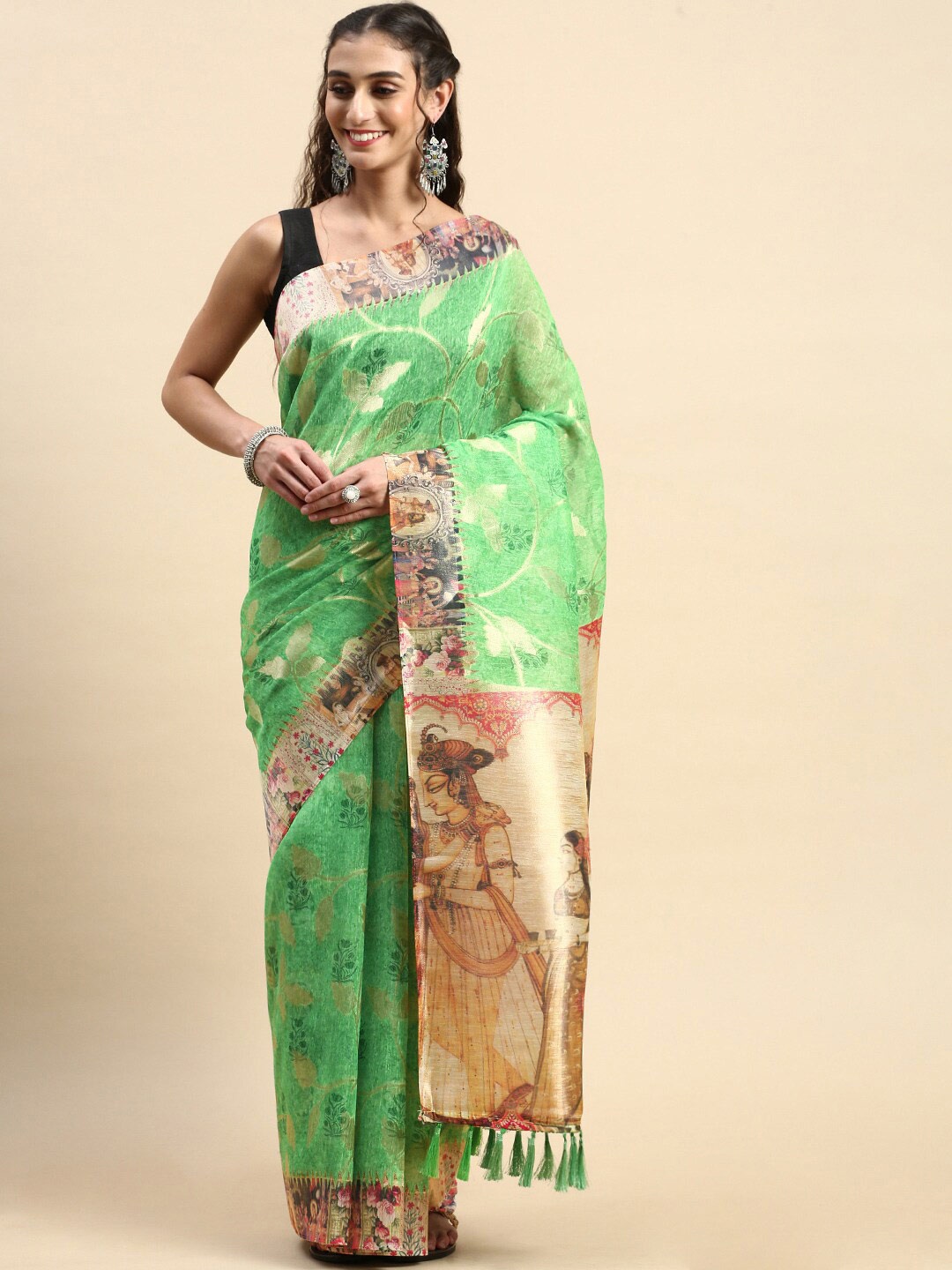 

Rishika Ethnic Motifs Printed Chanderi Saree, Green