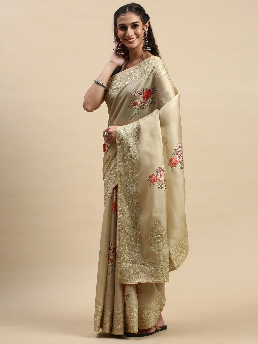 

Rishika Floral Printed Embroidered Chanderi Saree, Beige