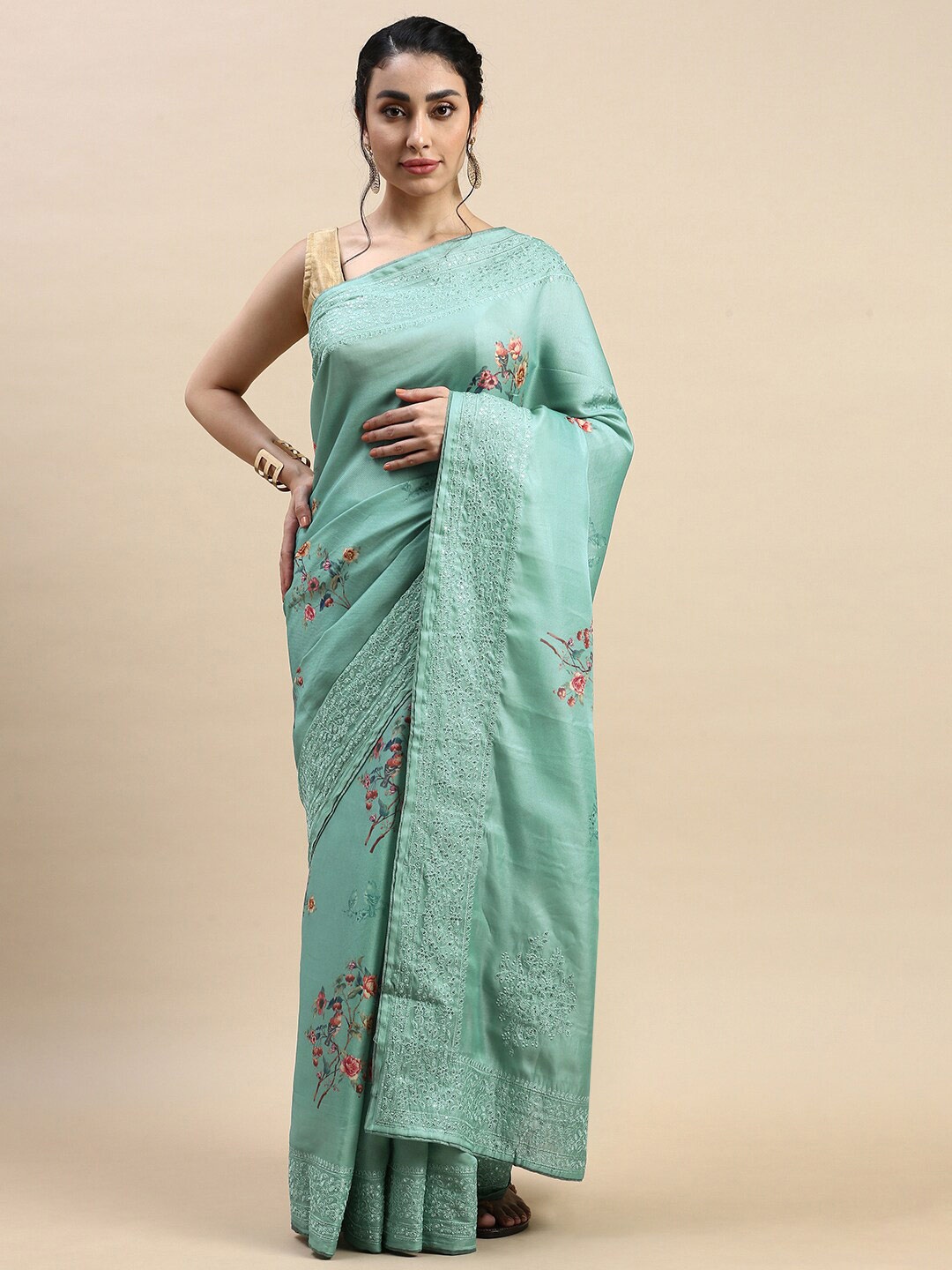 

Rishika Floral Printed Embroidered Silk Blend Chanderi Saree, Green