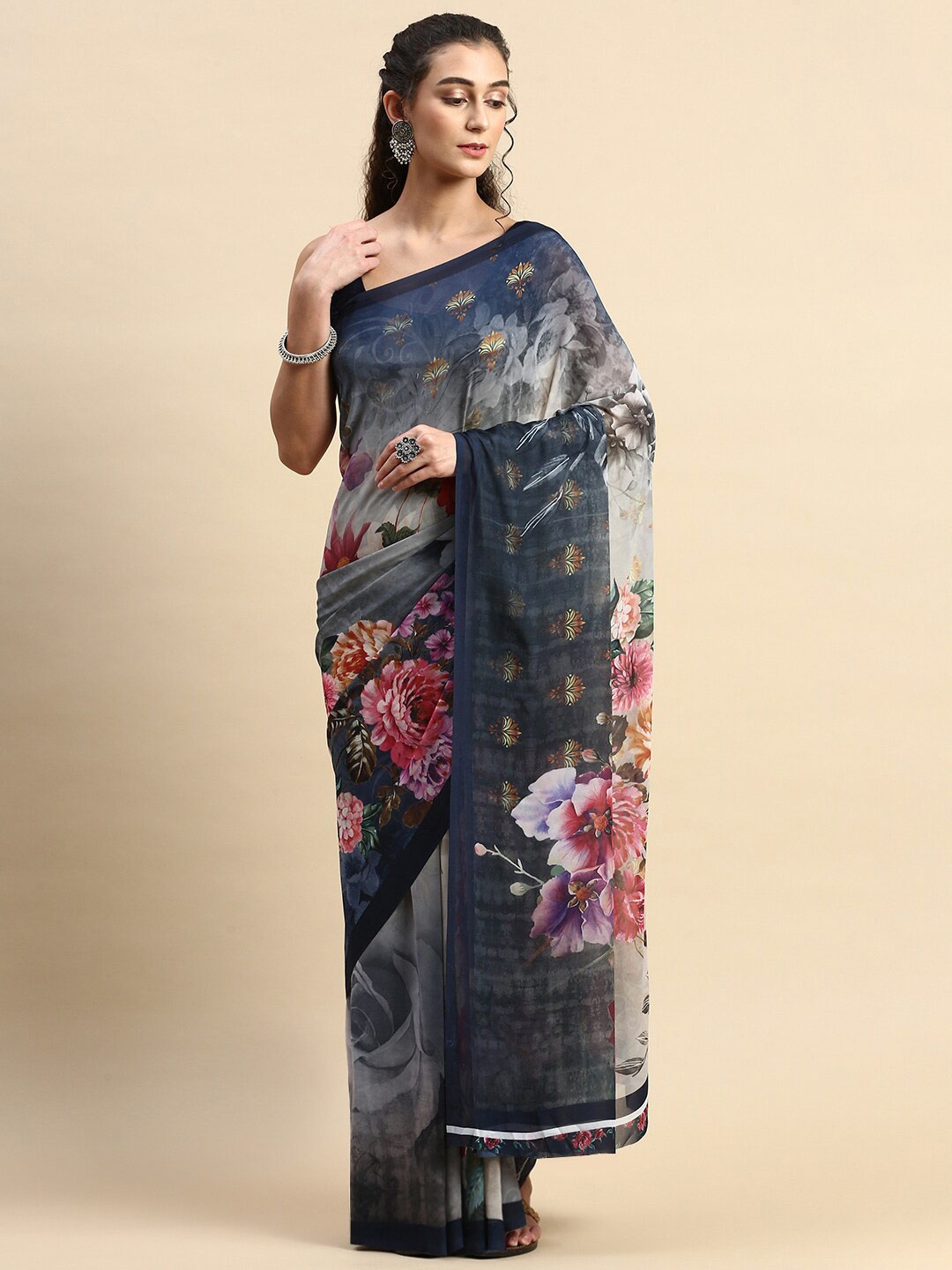 

Rishika Floral Poly Georgette Chanderi Saree, Blue
