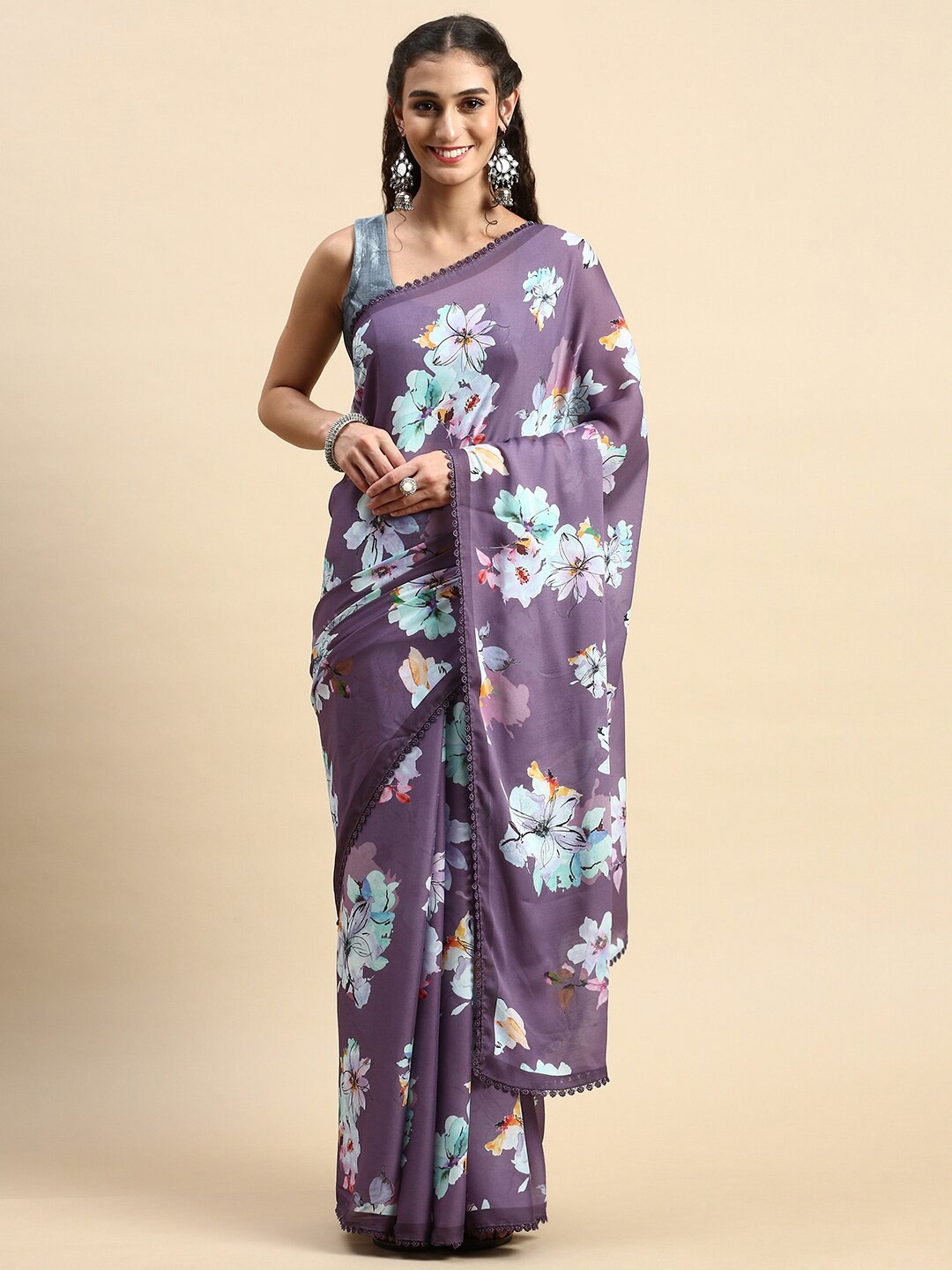 

Rishika Floral Printed Chanderi Saree, Purple