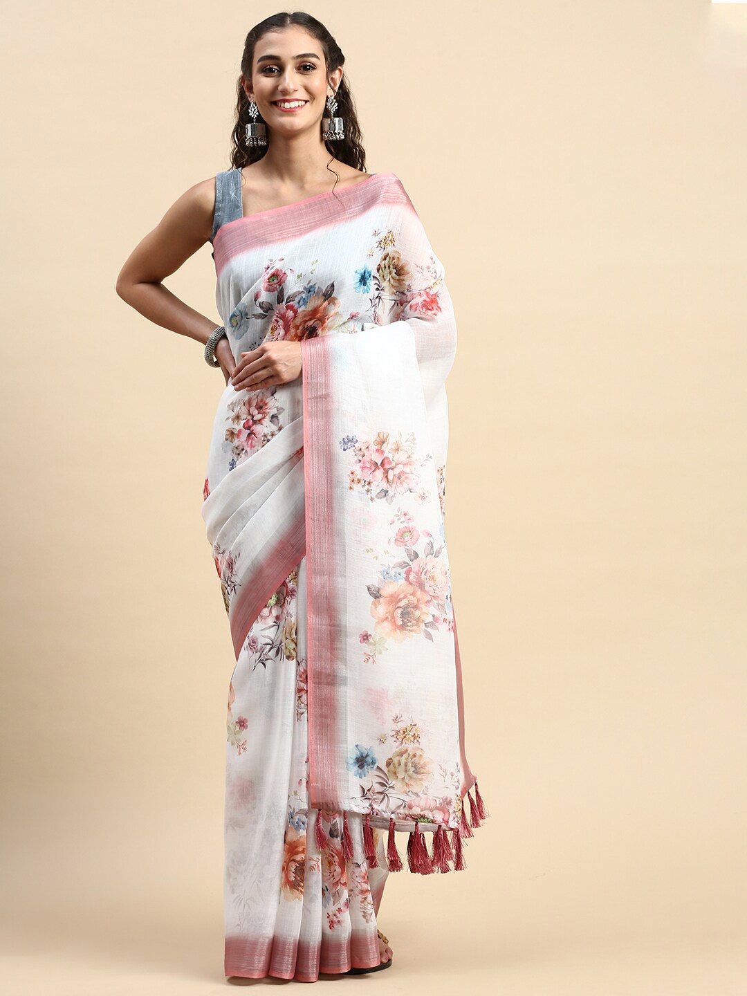

Rishika Floral Printed Zari Linen Blend Chanderi Saree, White