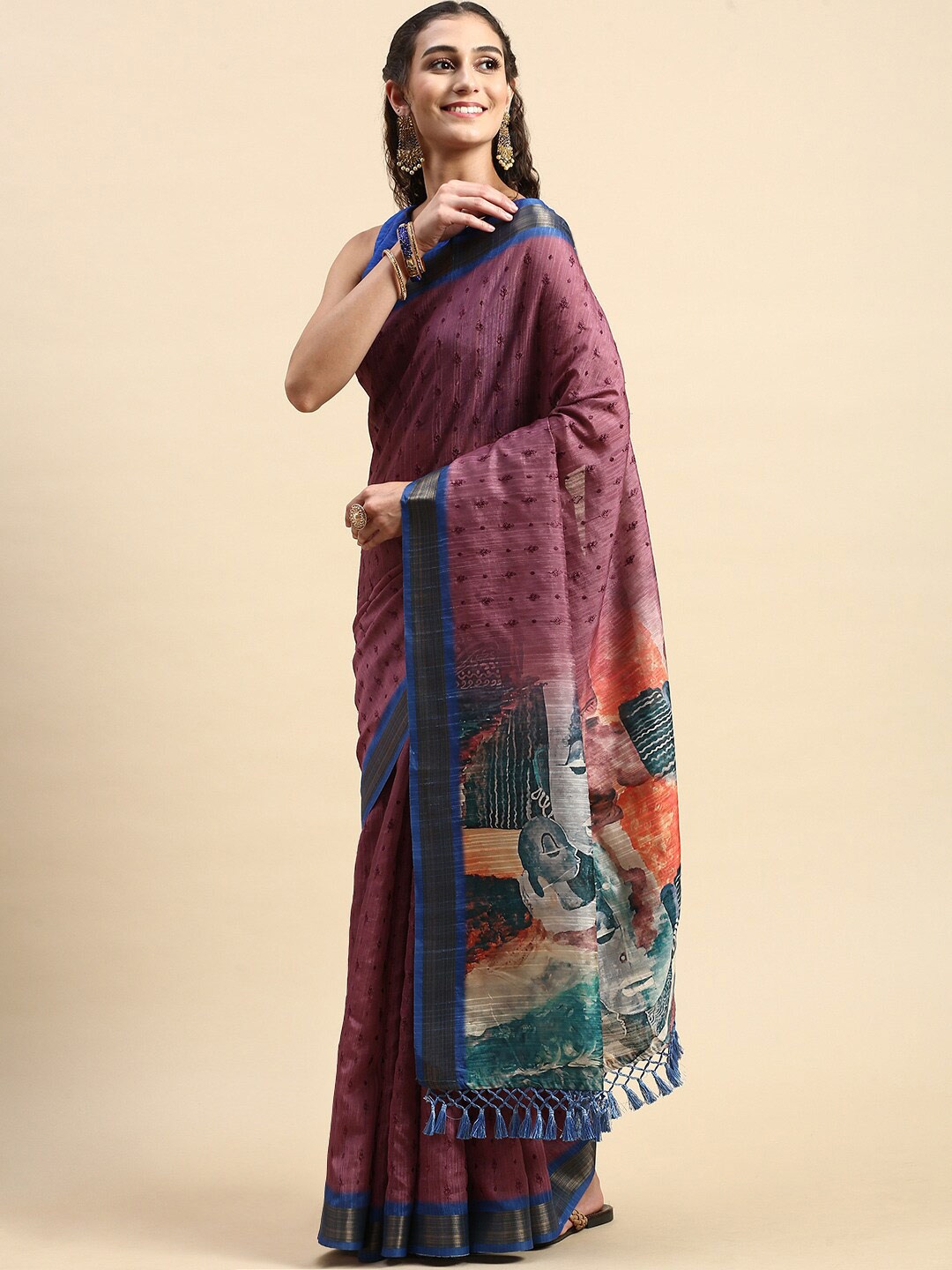 

Rishika Ethnic Motifs Embroidered Zari Chanderi Saree, Purple