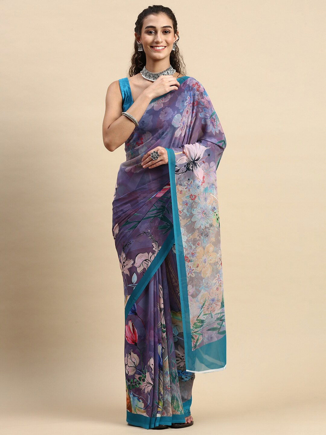 

Rishika Floral Printed Chanderi Saree, Purple