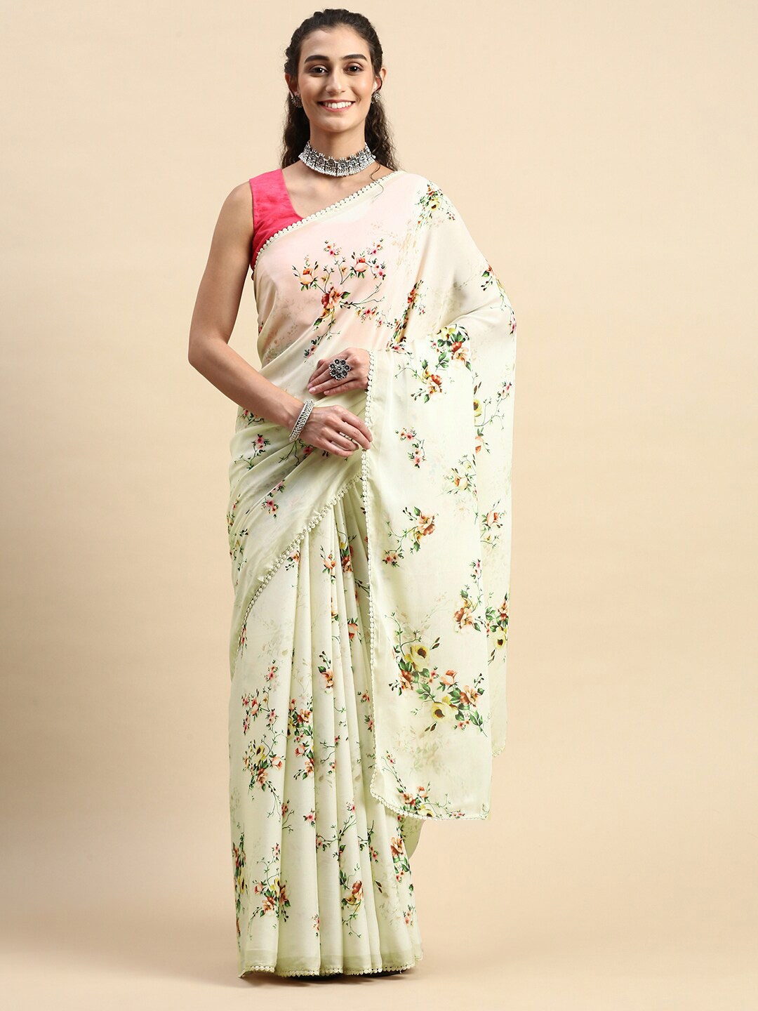 

Rishika Floral Printed Chanderi Saree, Cream