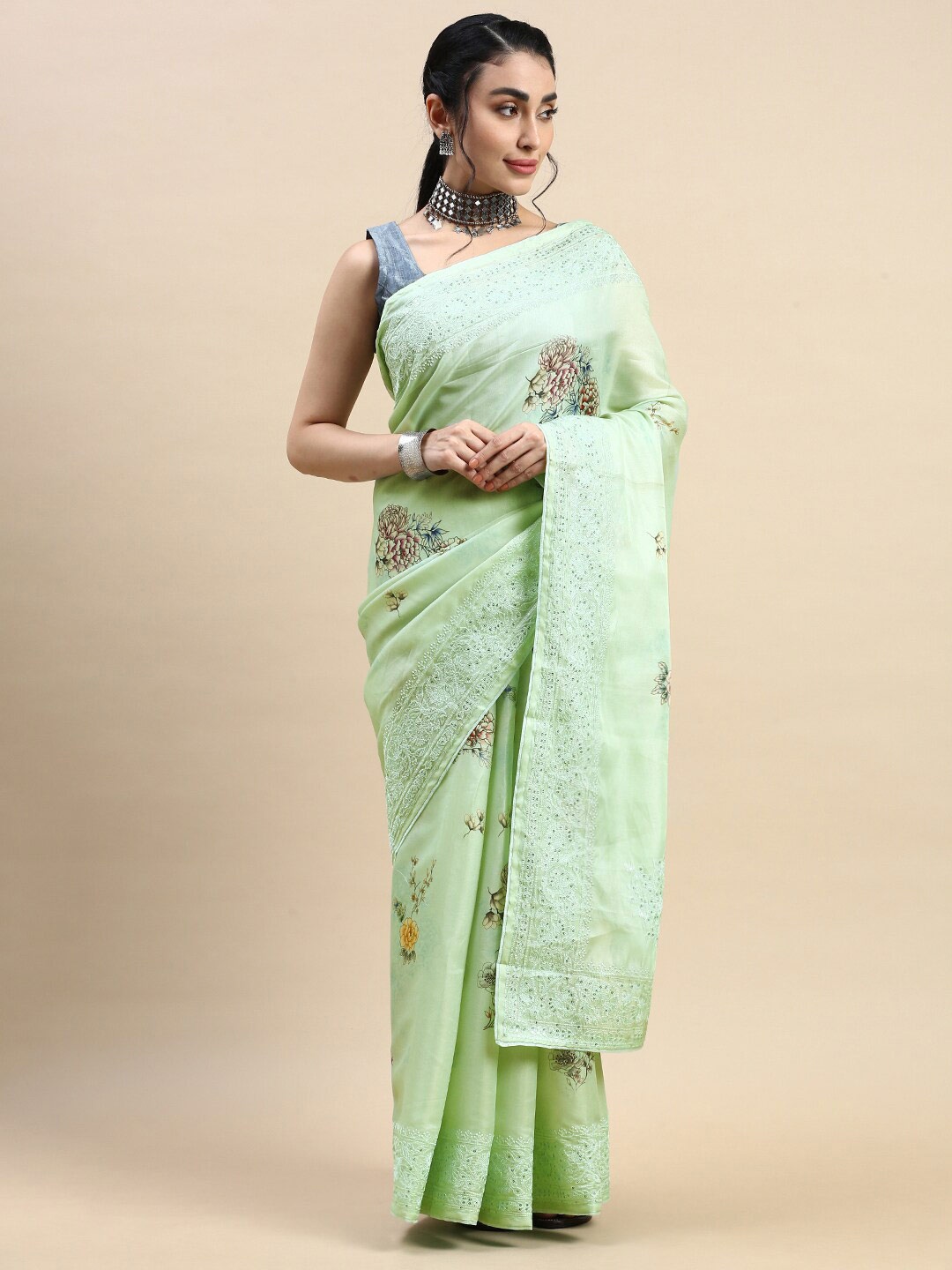 

Rishika Floral Printed Silk Blend Chanderi Saree, Green