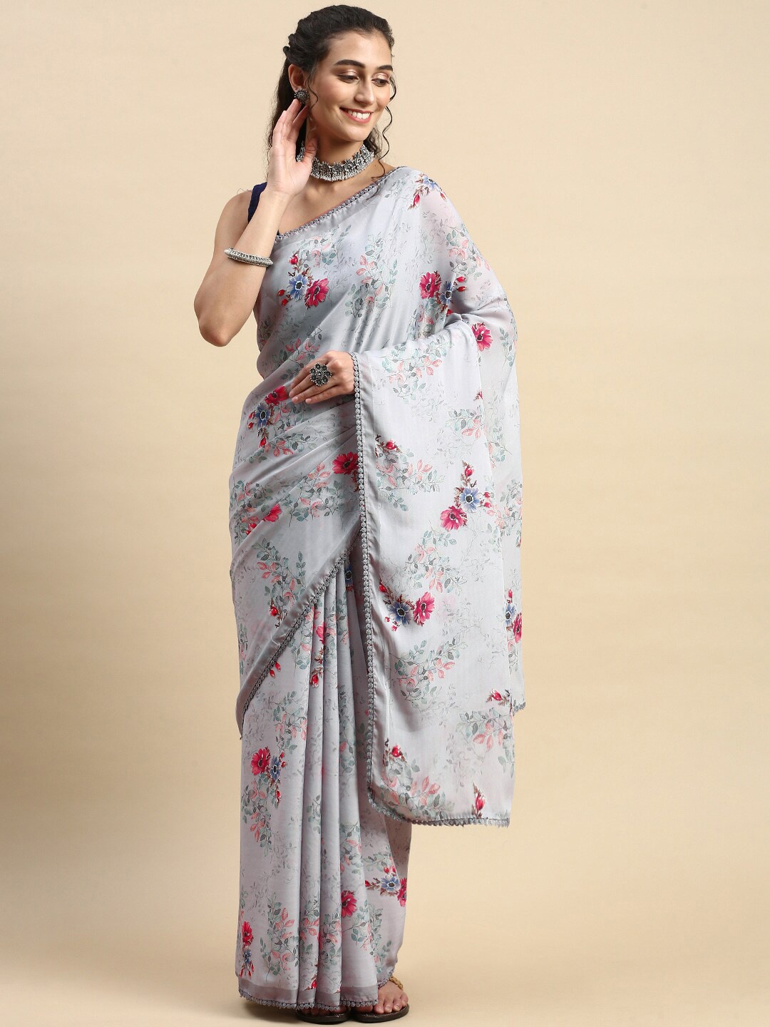 

Rishika Floral Printed Chanderi Saree, Grey