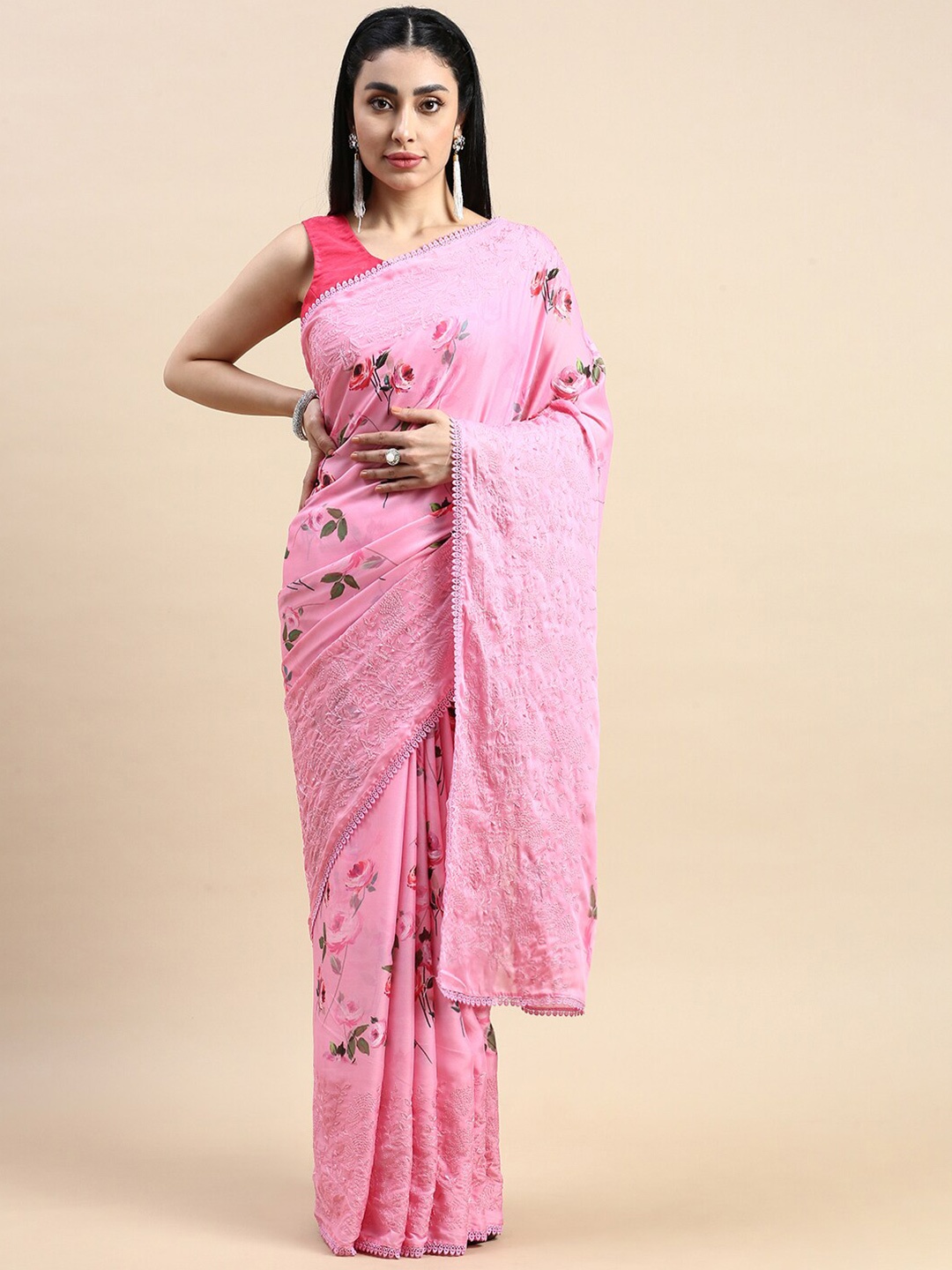 

Rishika Floral Printed Embroidered Chanderi Saree, Pink