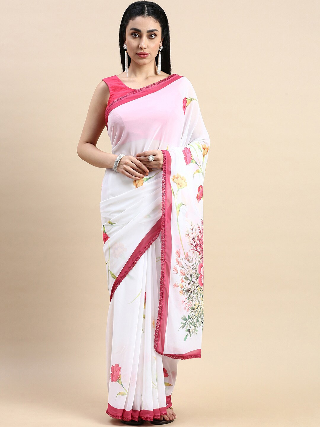 

Rishika Floral Print Chanderi Poly Georgette Saree, White