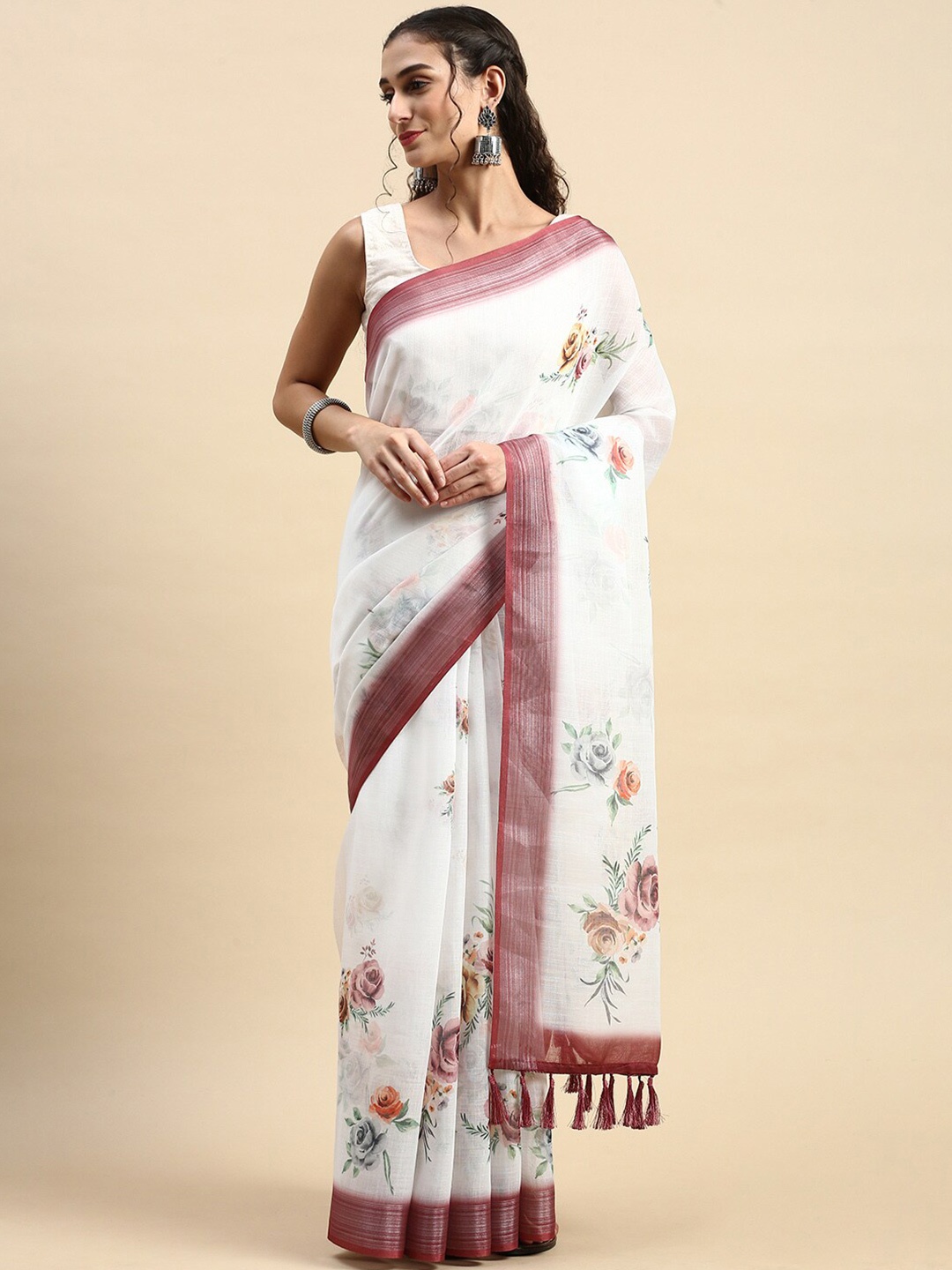 

Rishika Floral Printed Chanderi Saree, White