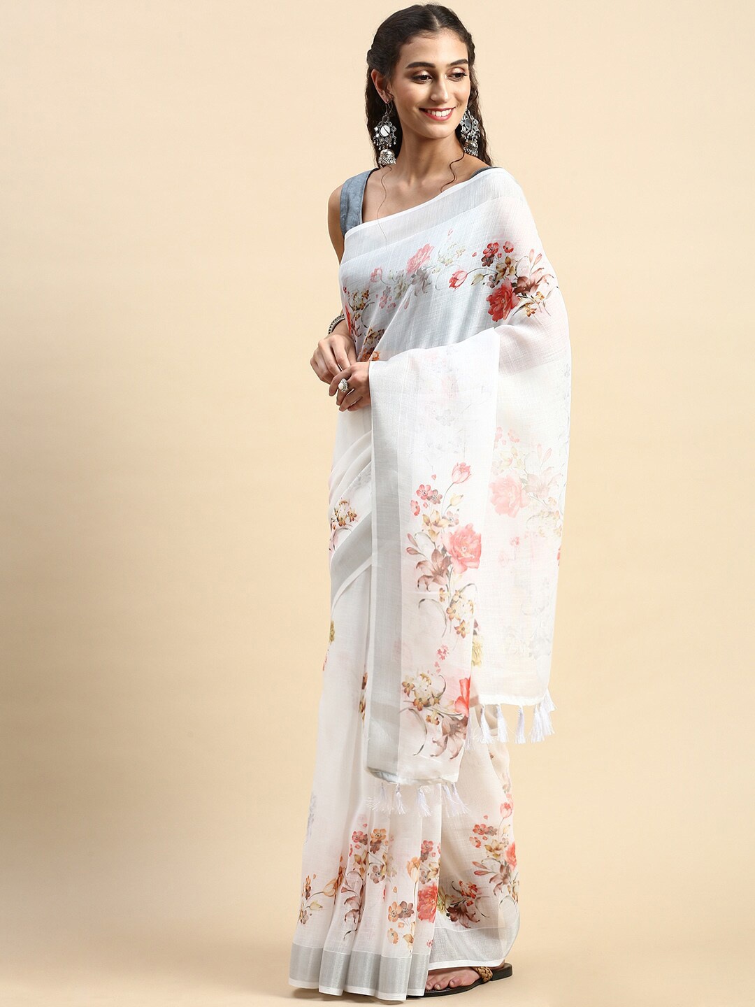 

Rishika Floral Printed Zari Chanderi Saree, White