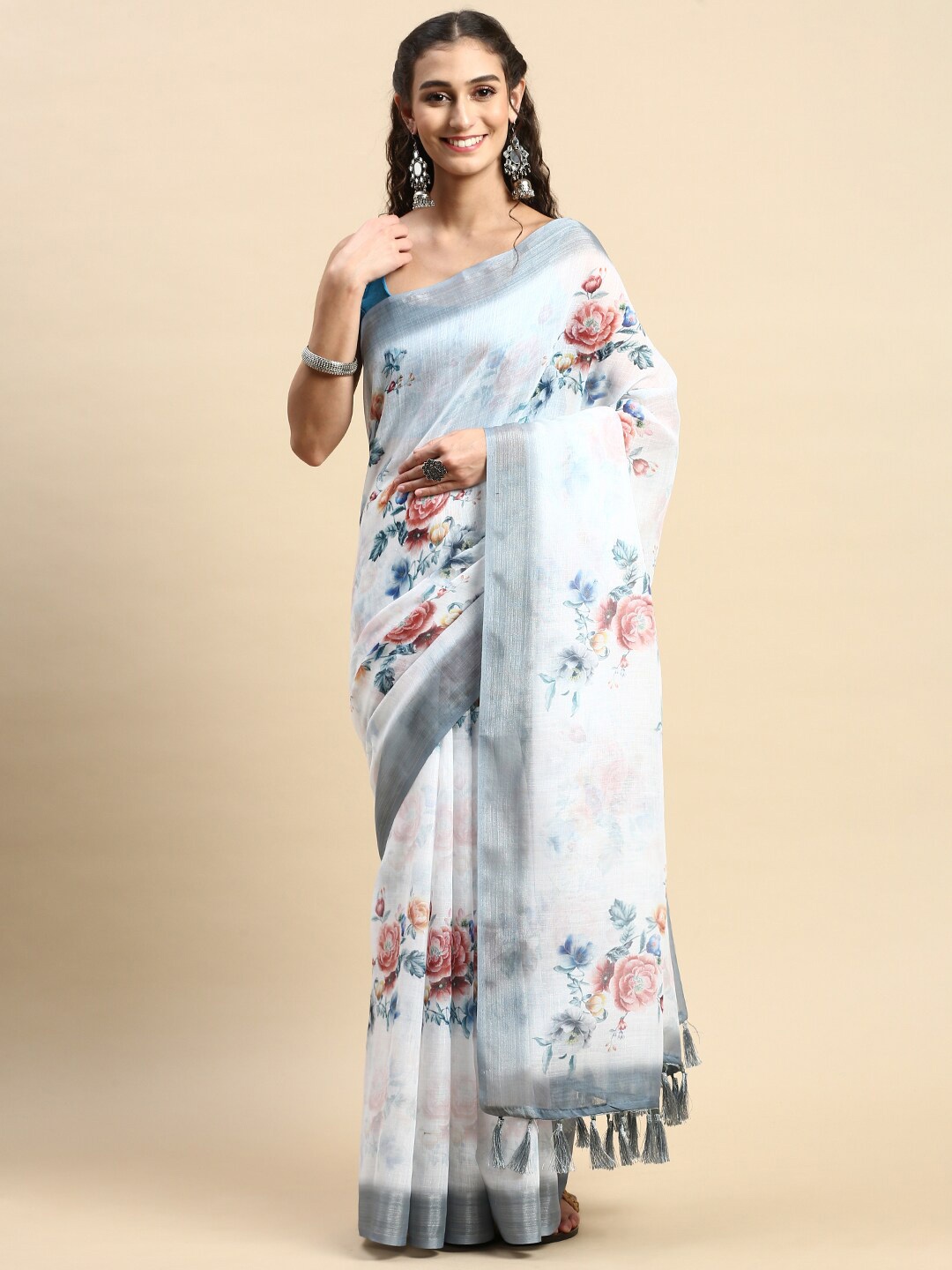 

Rishika Floral Printed Chanderi Saree, White